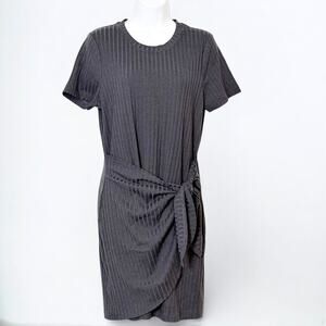 Evereve Teagan Knotted Dress Short Sleeve Ribbed Stretch Knit Dark Gray Size M